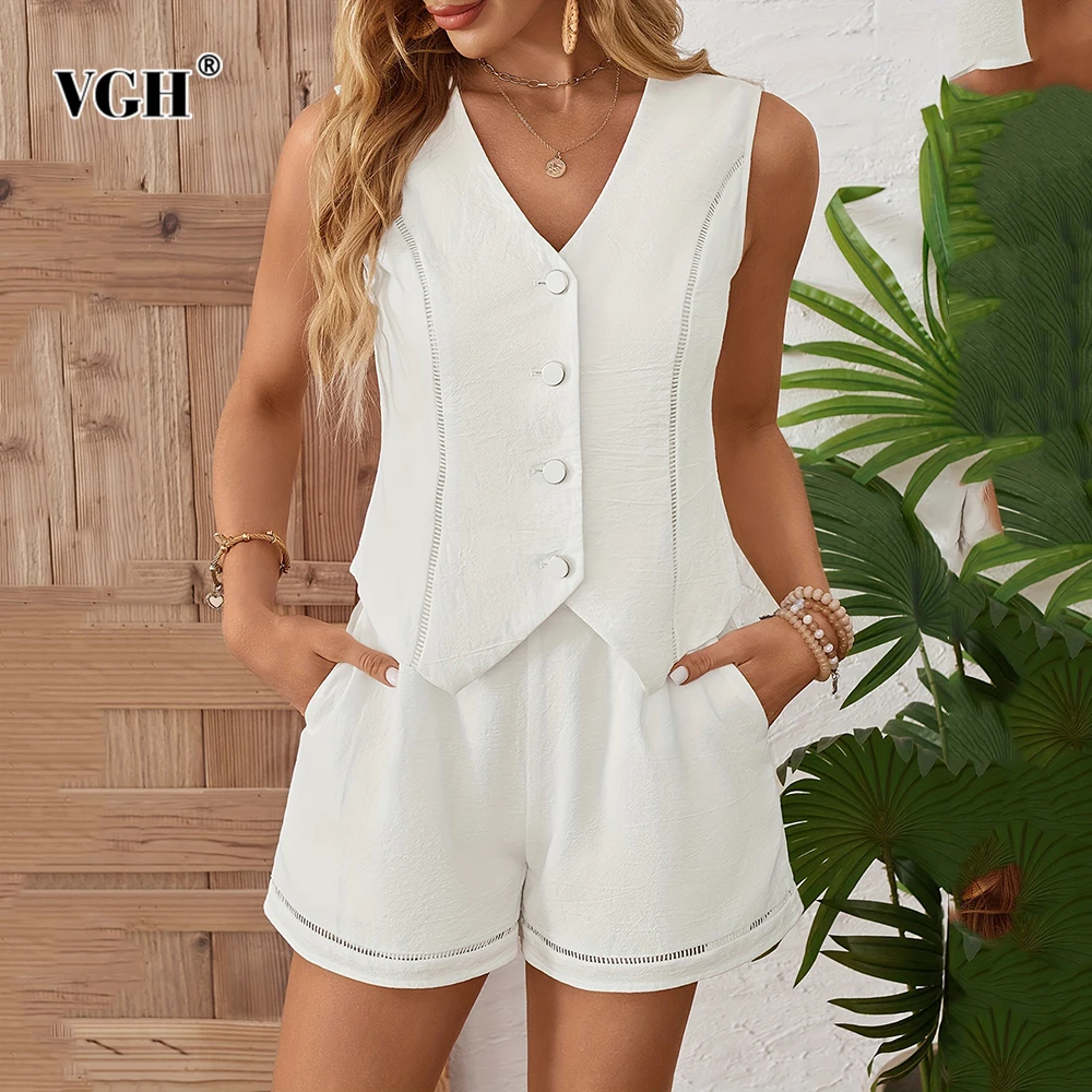 

VGH Casual Slimming Solid Two Piece Sets For Women V Neck Sleeveless Top High Waist Shorts Temperament Female Fashion Style New