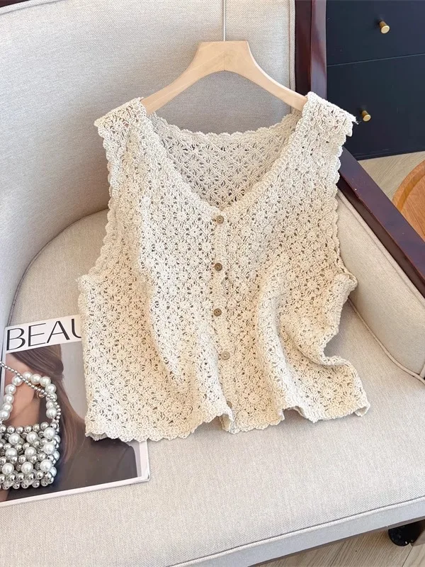 

Hollow out Knitted Vest Women's Summer Loose Svel Top Button Detail V-Ne Pure Color Thin Sle Commute XQ18