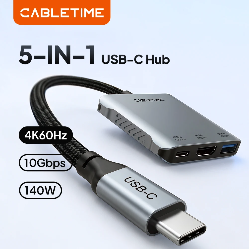 CABLETIME 5-in-1 USB C Hub 4K 60Hz Dual HDMI Adapter with USB 3.2 Type-C PD 140W Docking Station for Laptop MacBook Pro/Air