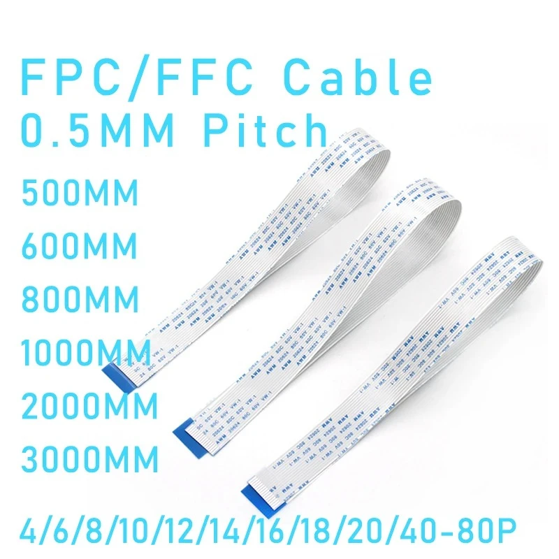 

2PCS FPC FFC Cable 4/6/8/10/12/14/16/18/20/30/40P Pitch Ribbon Flexible Flat 0.5MM 1.0MM 500MM/600MM/800MM/1000MM/2000MM/3000MM