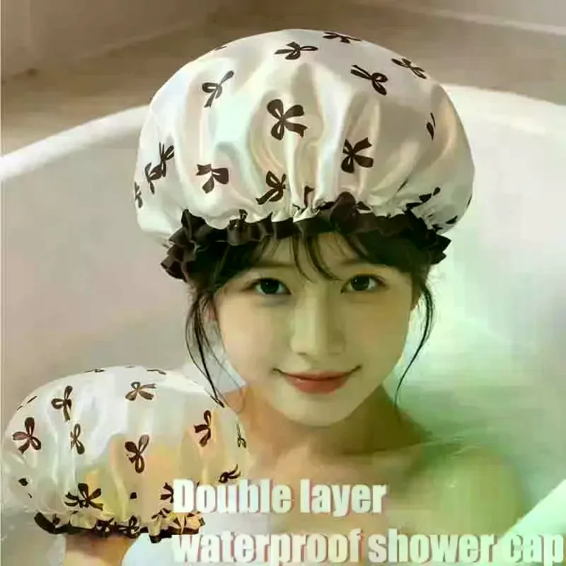 [MA]Three-piece Set Double-Layer Waterproof Reusable Shower Cap Stylish And Elasticity Bowknot Print Hair Cover For Bathing Cap