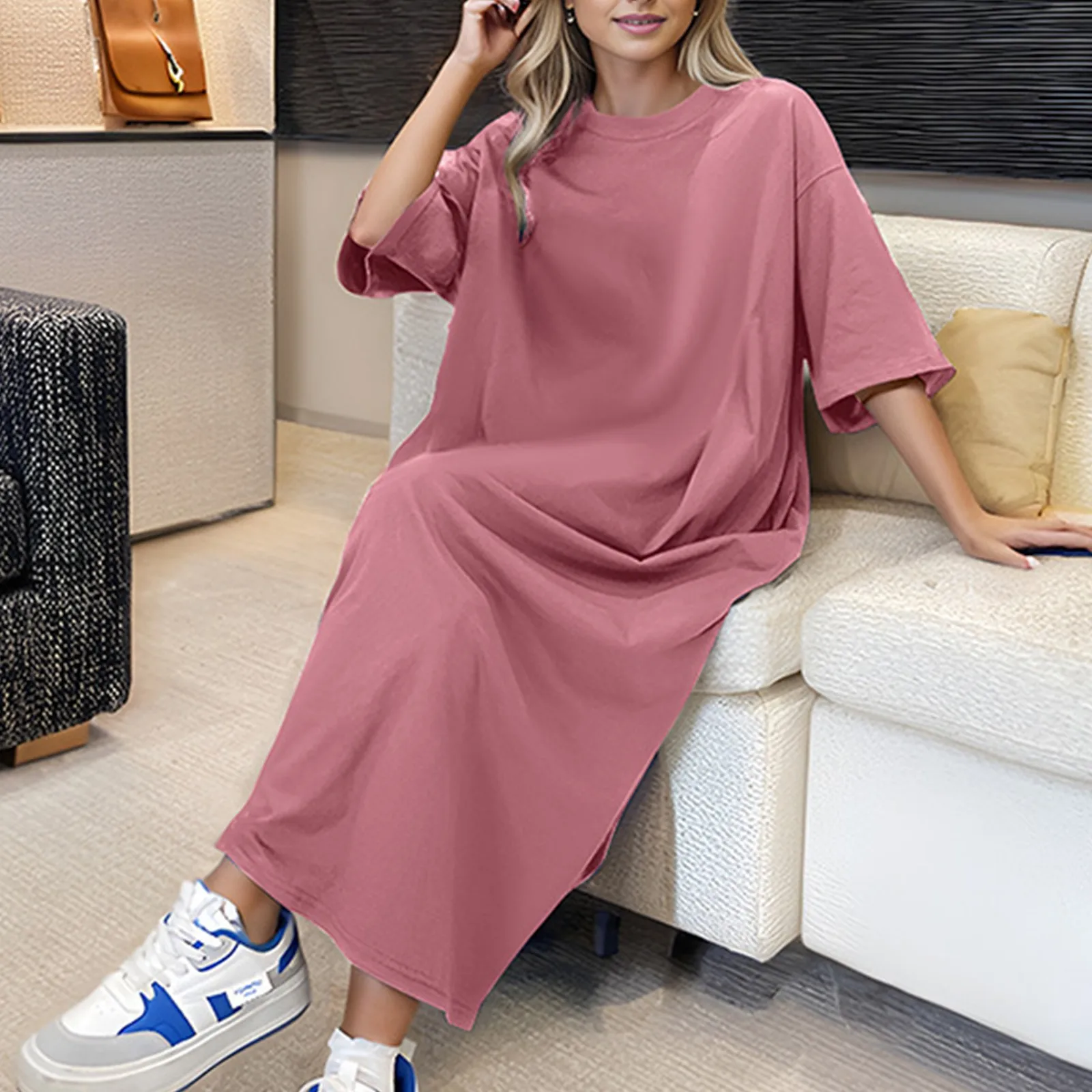 

Oversize Loose Long T-Shirts Dress Solid Color Short Sleeve O-Neck Maxi Dresses 2024 Summer Casual Robe Women Homewear Pajamas