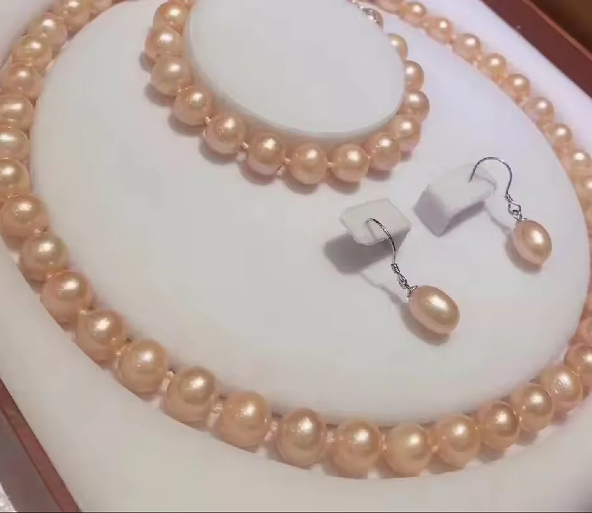 

Natural AAAA8-9mm South Sea Pink Pearl Necklace 18in+Bracelet 7.5-8in+Earrings 925s Set ﻿