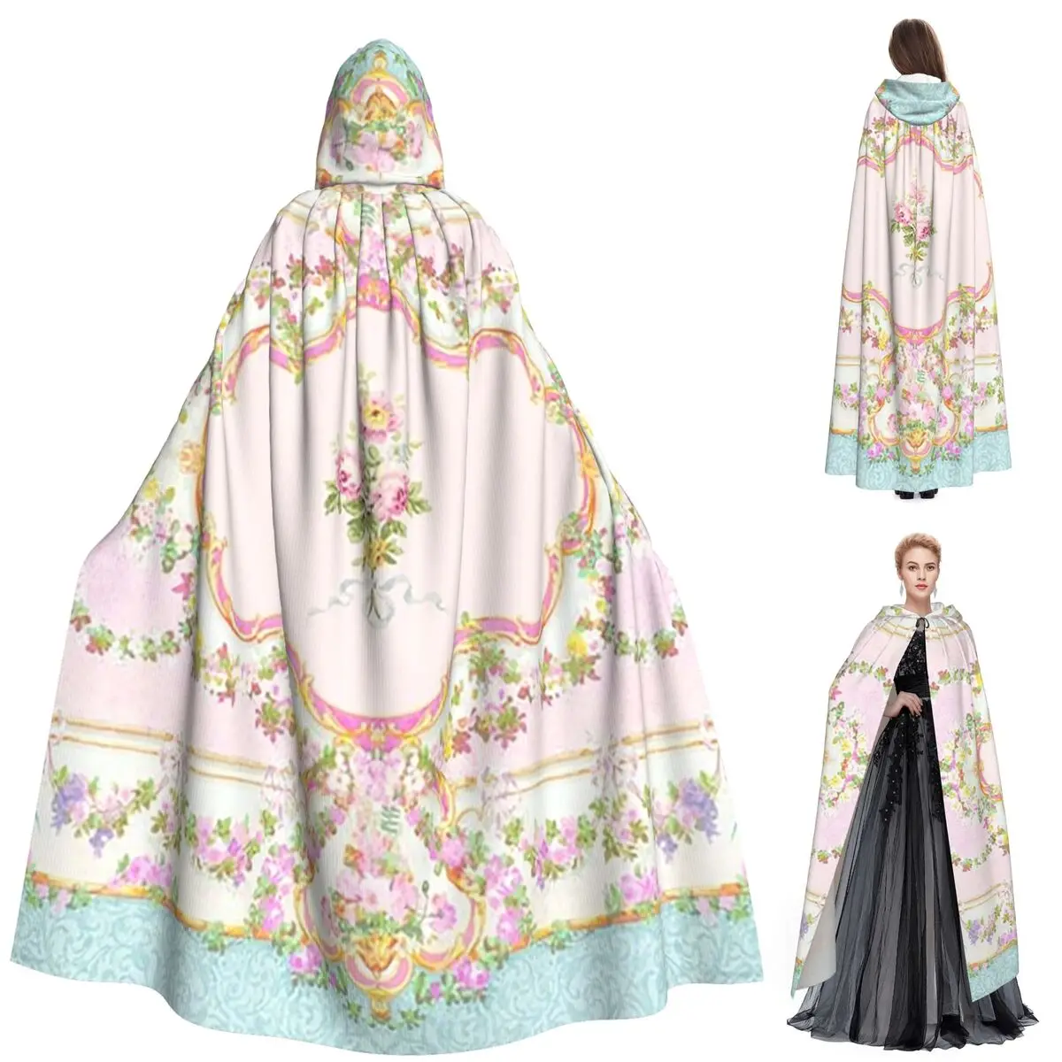 

Французский рококо с цветочной акварельной панелью, длинный плащ с капюшоном, средневековый костюм ведьмы, накидка для косплея, пальто на Хэллоуин для взрослых, унисекс