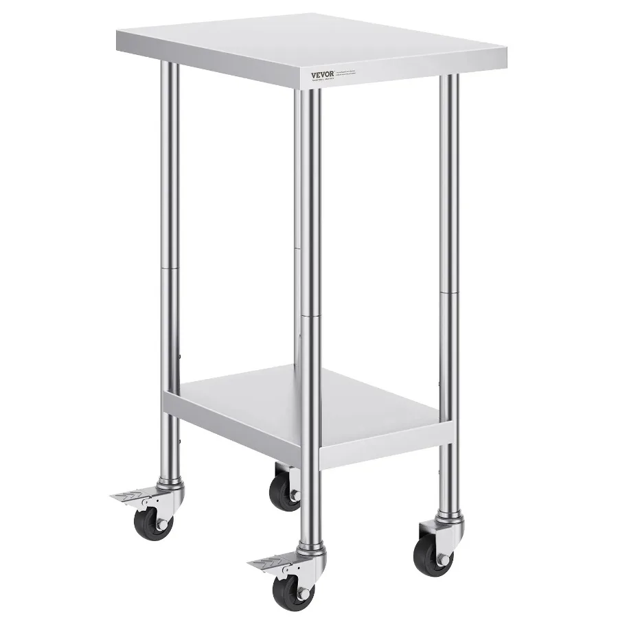 VEVOR Stainless Steel Work Table 24 x 18 x 38 Inch with 4 Wheels 3 Adjustable Height Levels Heavy Duty Food Prep Worktable for