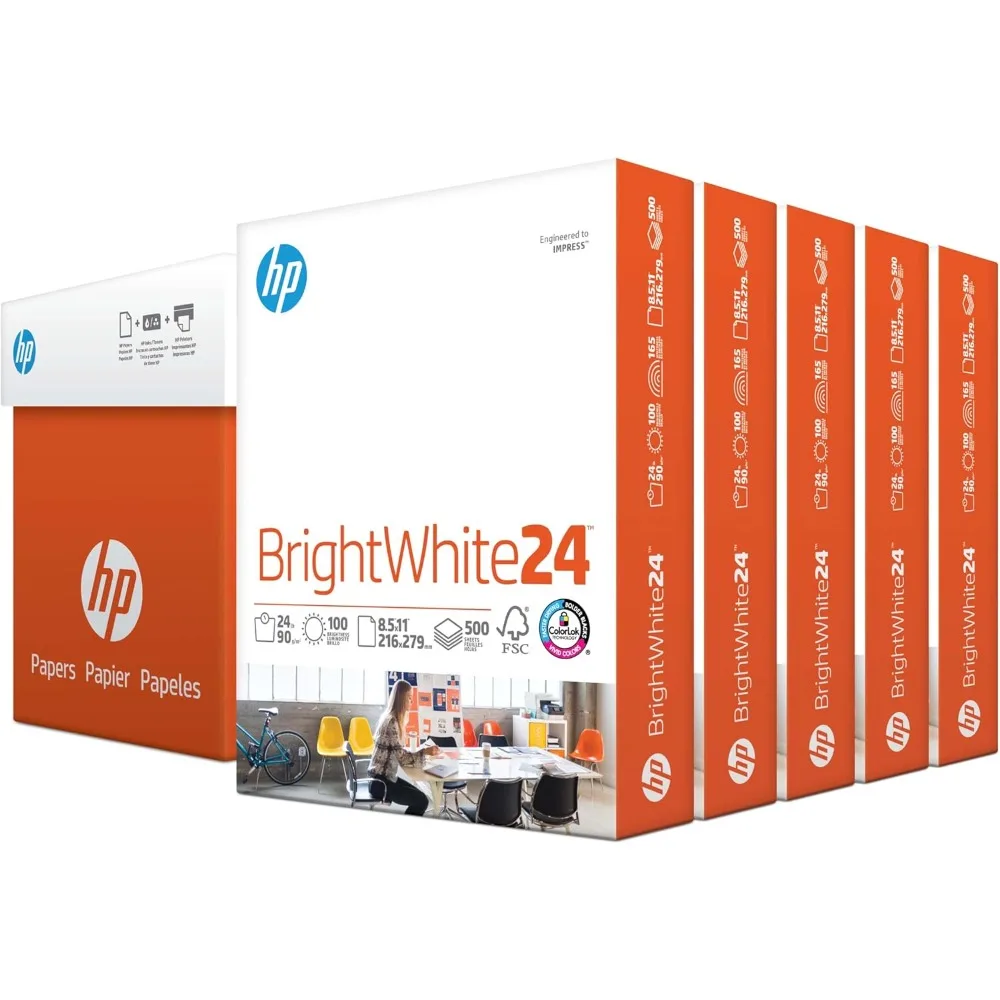 Papel para impresora HP, 8,5 x 11, blanco brillante, 24 lb, paquete de 5 resam - 2500 hojas, 100 brillantes, fabricado en EE. UU., certificado FSC