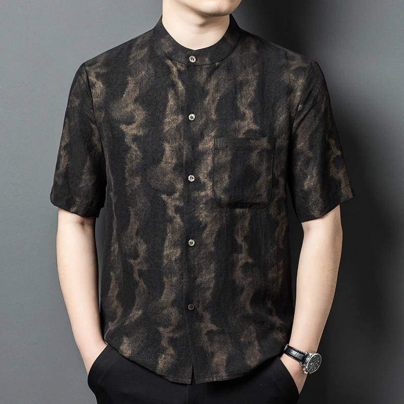 

Tang Costume High-End Shirts For Men Gambiered Canton Gauze Cool Summer 100% Silk Skin-Friendly Pocket Quality Camisas De Hombre