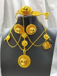 Ethiopian Jewelry sets Pendant/Necklace/Earrings/Ring/Bangles/Hairchain for Women Gold Color African Bride Gifts