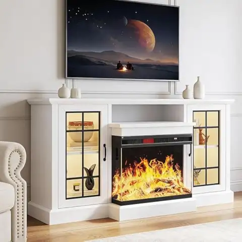 59'' TV Stand, 3 Sided Glass Media Entertainment Center Console Table for TVs up to 65'' with Glass Door, Adjustable Flame LED C