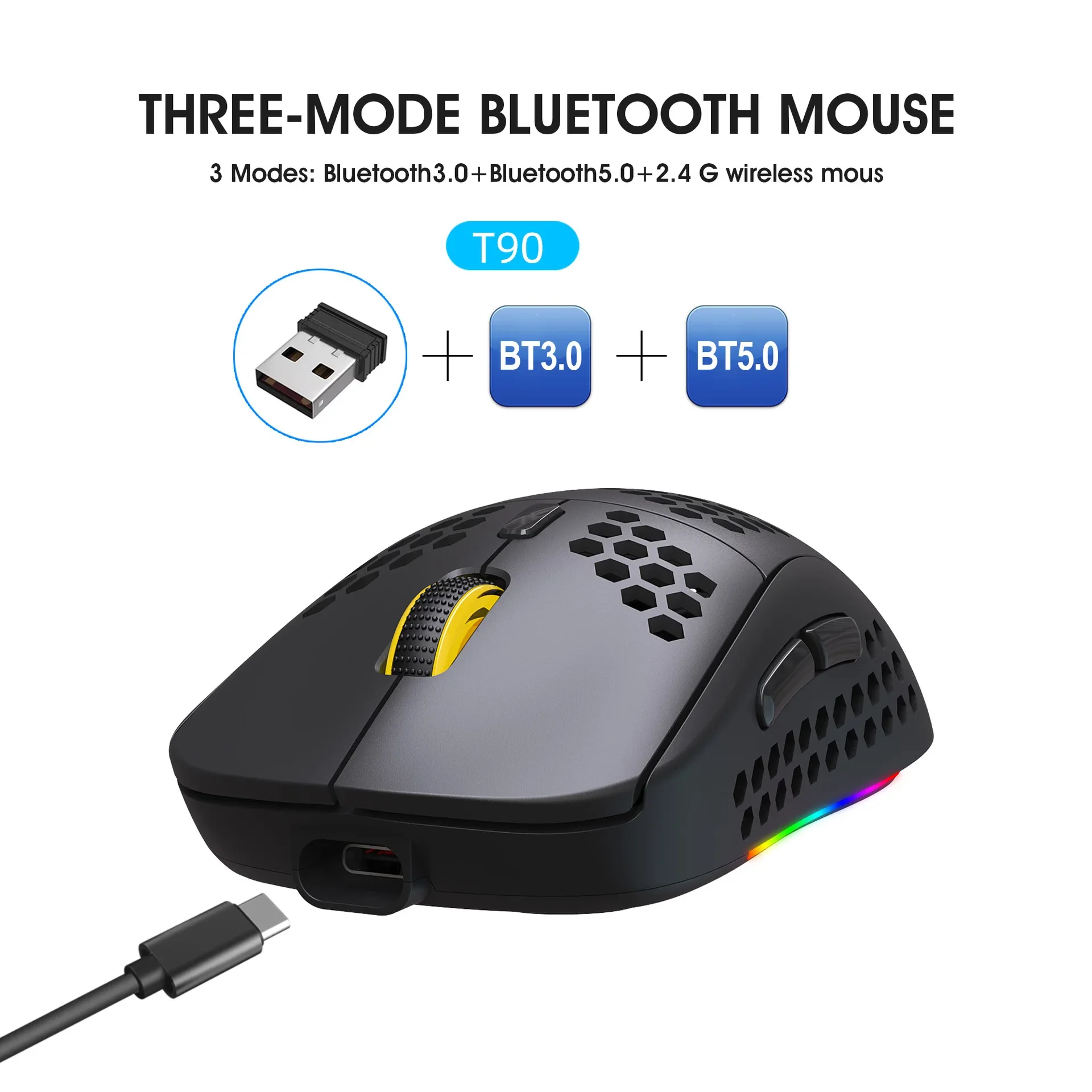 

HXSJ T90 Honeycomb Mouse - 3-Mode (Wired/2.4G/BT5.3), RGB Gaming Mouse, Type-C Rechargeable 750mAh, For PC/Mac/iPad