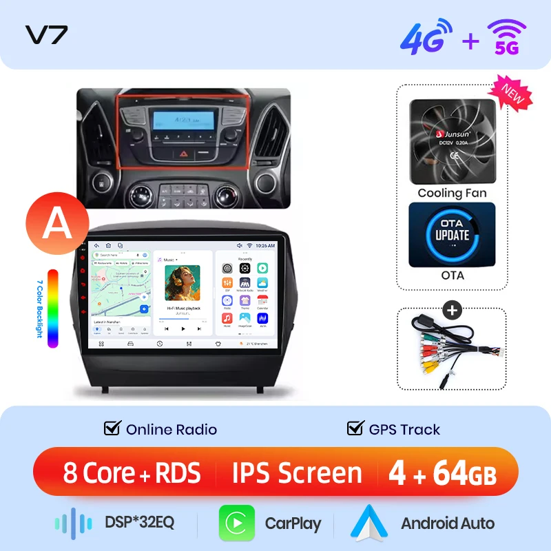 Junsun draadloze CarPlay Android Auto autoradio voor Hyundai ix35 / Tucson Mk2 (LM) 2009-2015 met ingebouwde koelventilator, Android GPS navigatie, multimediaspeler, WiFi, DSP, RDS, BT, SWC, IPS