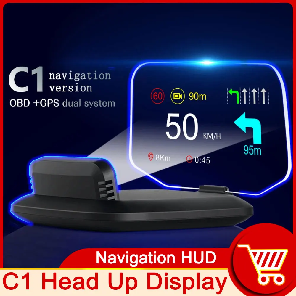 

C1 Navigation Version HUD Mirror Car Head Up Display Frontal HUD OBD2 GPS Dual Systems Speedometer Overspeed Warning RPM Alarm