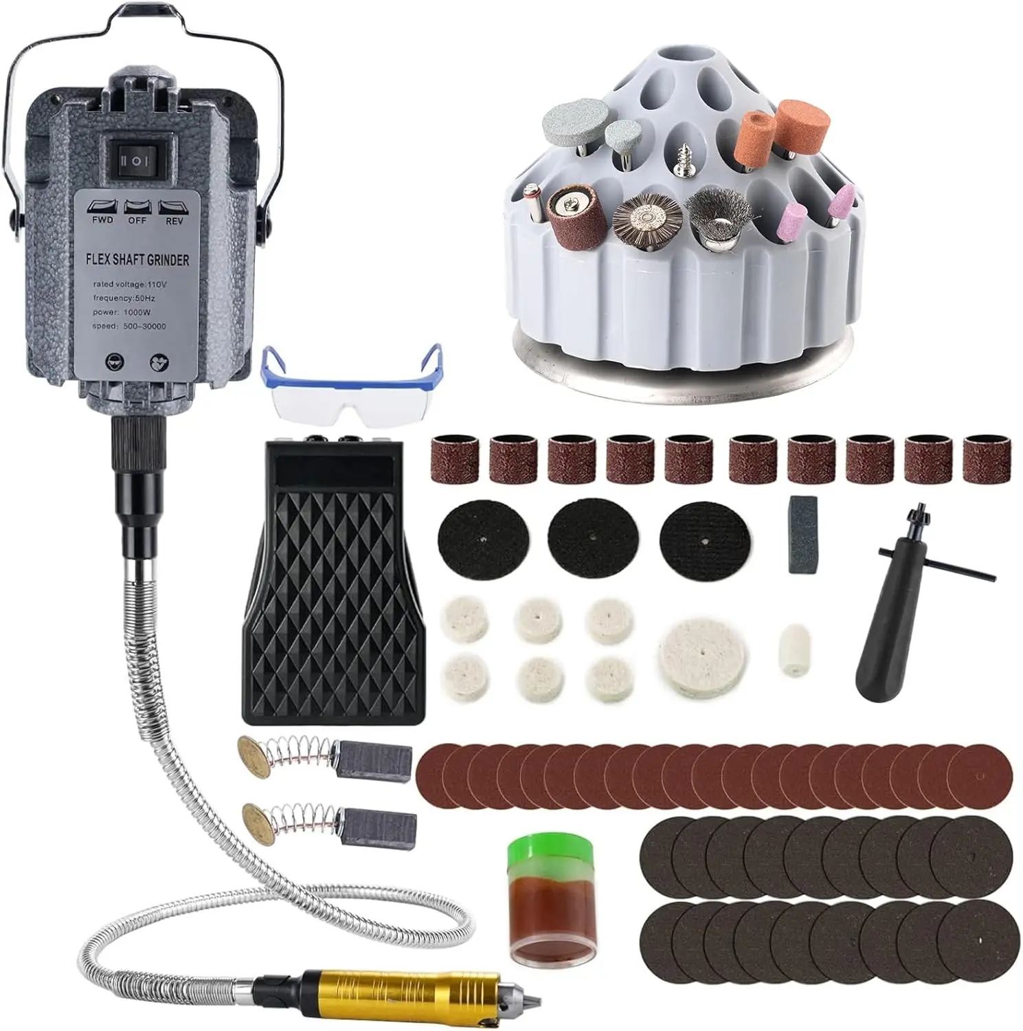 

1000W Flex Shaft Rotary Tool with Stepless Speed Foot Pedal, 30000RPM for Carving and Buffing, Includes 77pcs Accessories