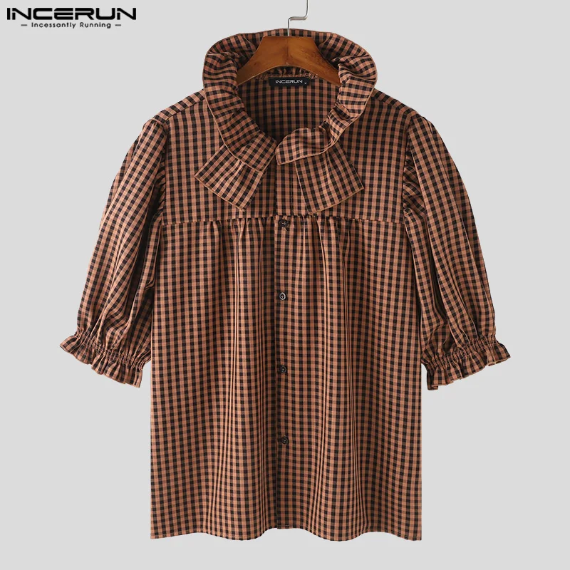 INCERUN Men\'s Shirt Plaid Turtleneck Half Sleeve Personality Fashion Casual Unisex Shirts Summer 2024 Streetwear Men Clothing