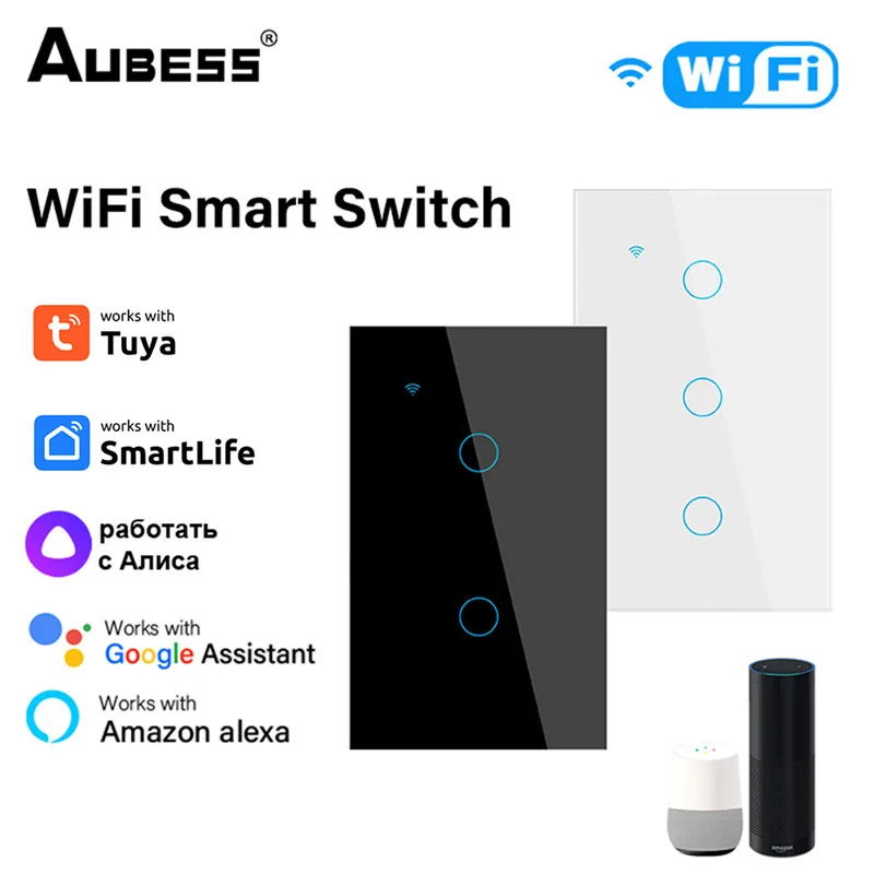 

Aubess TUYA 1/2/3/4 Gang WiFi US Smart Light Switch Neutral Wire Required 120 Type Wall Touch Panel Work With Alexa Google Home