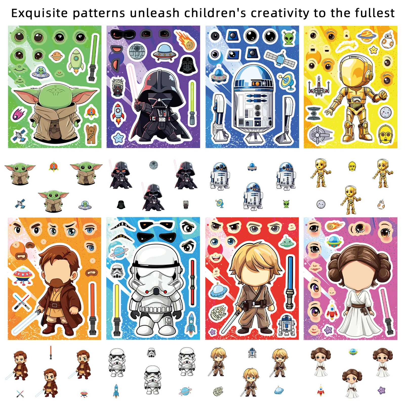 8 Blatt Anime Jedi Puzzle-Aufkleber zum Gesichter-Machen, Kinder-Cartoon DIY Zusammenbaubares Puzzle-Set, Kinderparty-Dekoration – Detail 2