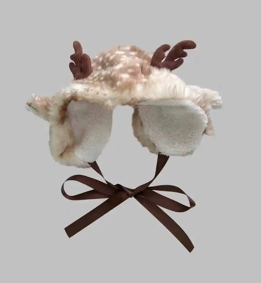 Cute Faux Fur Earflap Caps With Lace Women Christmas Moose Reindeer Warm Ski Hat Men Winter Deer Antler Warm Beanie Christmas