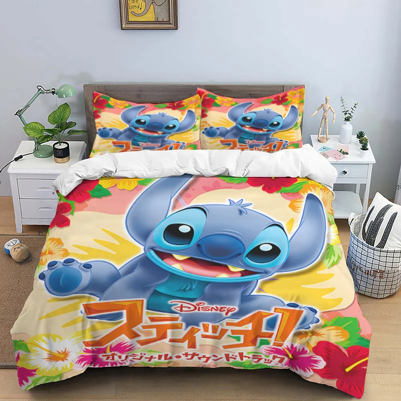 Disney Cartoon Cute Stitch drukuj trzyczęściowy zestaw pościeli z poszewką na poduszkę dla dzieci lub dorosłych King Queen Full Twin Size