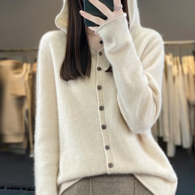 High End Cashmere 23 Autumn/Winter New Thin Coat Women\'s 100%Wool  Hooded Sweater With Button Up Casual Loose Cardigan Versatile