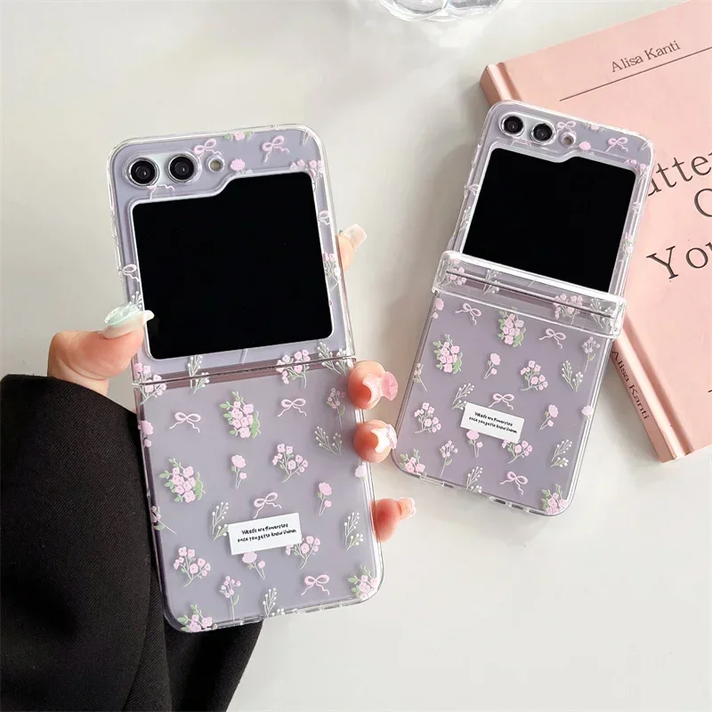 For Samsung Galaxy Z Flip 5 4 3 5G Case Korea Style Cute Floral Pattern Transparent Folding Shockproof Hard PC Back Clear Cover