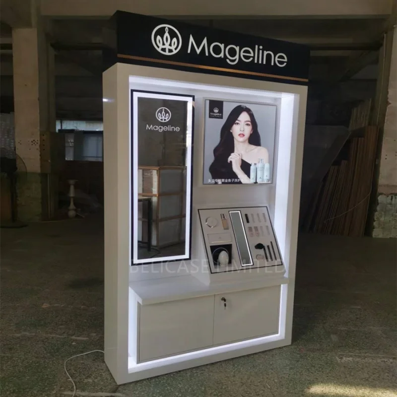 Estantes de exhibición de tienda de cosméticos personalizados de lujo, gabinete de almacenamiento de maquillaje moderno, escaparate para muebles de tienda de cosméticos