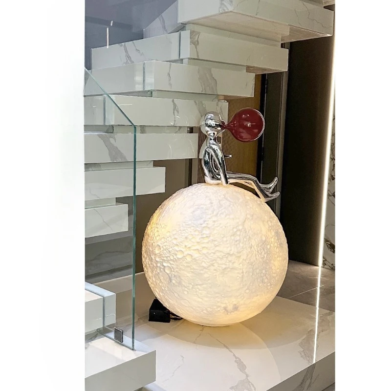 

Moon ornament under the stairs, modern art floor-to-ceiling figure blowing bubble sculpture, living room bar, light luxury