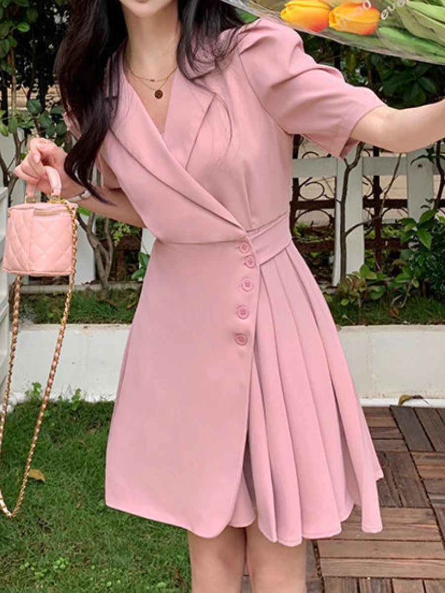 Vestidos Women Dress Suit Elegant Lady Puff Sleeve Frock Solid Color Mini Skirt Summer Fashion Casual Slim Pleated Dresses