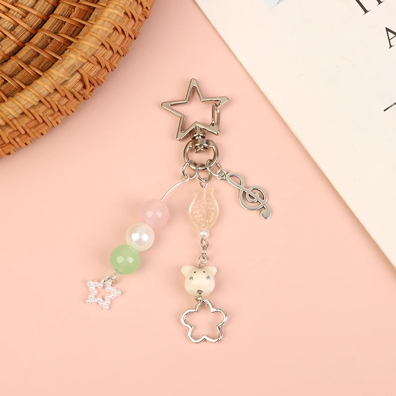 Y2K Aesthetic Flower Star Heart Keychain Ins Style Beaded Keyring Phone Pendant Girly Bag Charm Sweet Camera Hanging Decoration