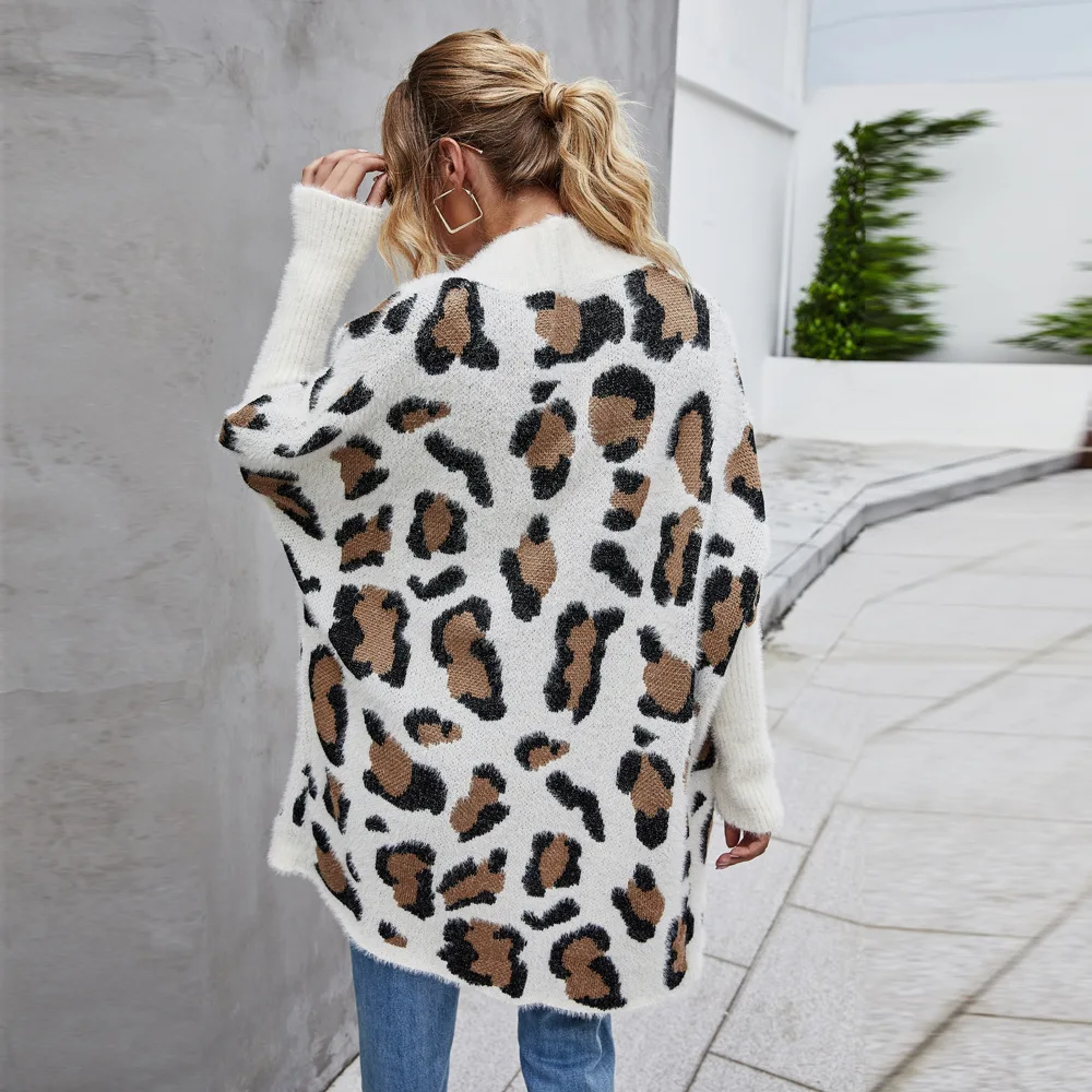 Women Cardigan Sweaters Knitted Long Coats Full Sleeve Jumpers Y2k Streetwear Elegant Splice Knit Leopard Print Autumn Winter