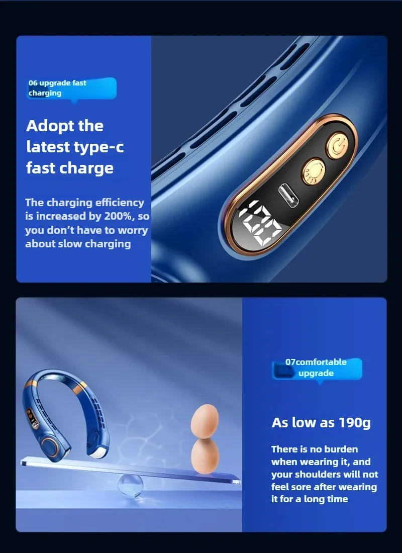 2025 مروحة خارجية محمولة جديدة USB محمولة صامتة متعددة الوظائف خالية من الشفرة مروحة كهربائية صغيرة معلقة على الرقبة