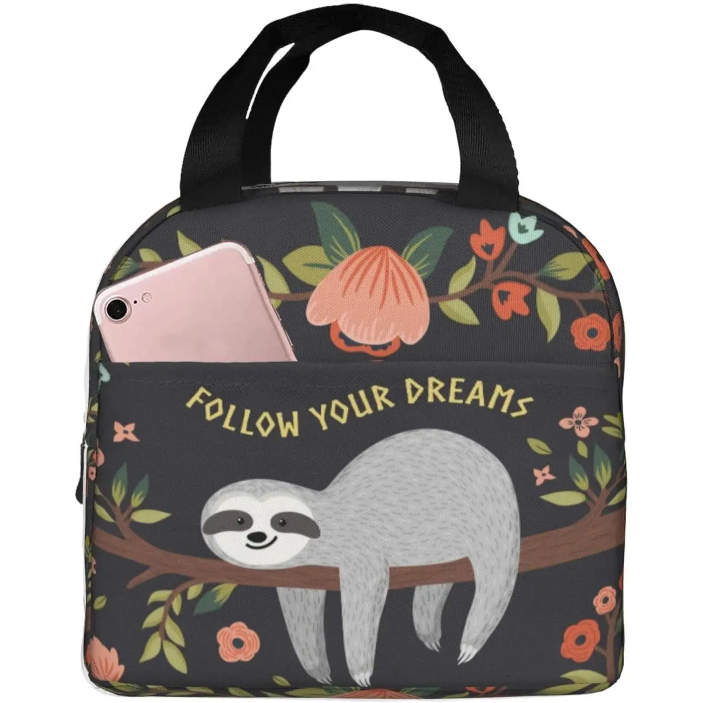 

Follow Your Dream Lunch Bag Compact Tote Bag Cute Sloth Reusable Lunch Box Container For Women Men School Office Work