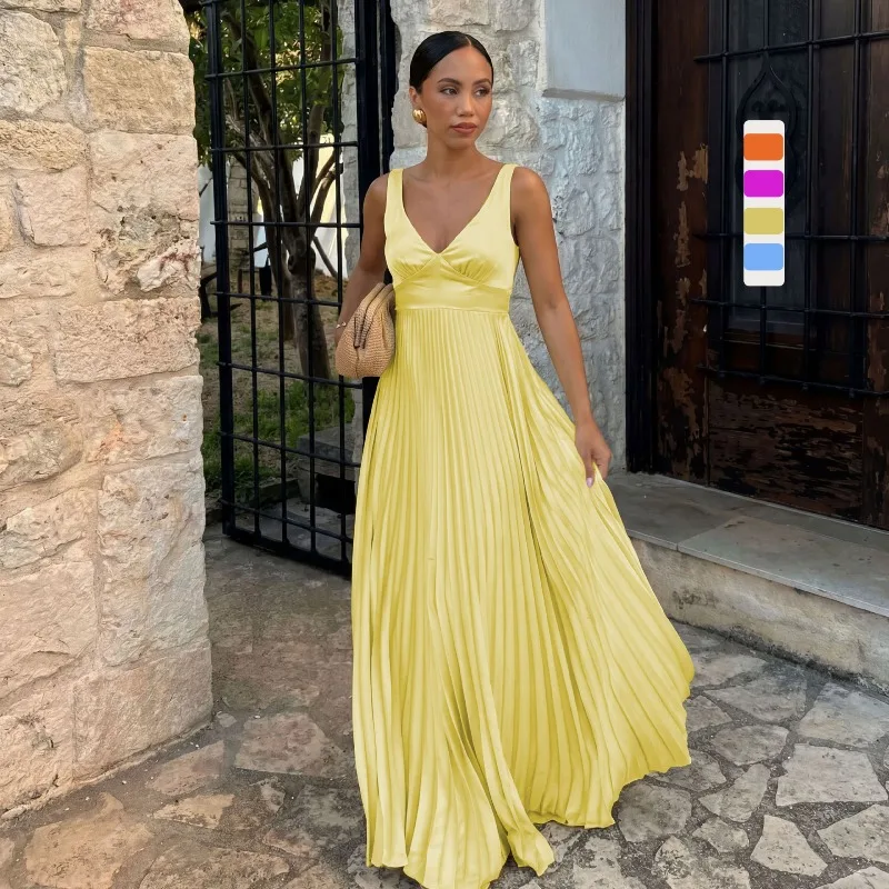 2026 Sommer Neues Korsett-Gästehochzeitskleid Plissiertes Maxikleid für Damen V-Ausschnitt Rückenfreies Ärmelloses Cocktail- und Abendkleid