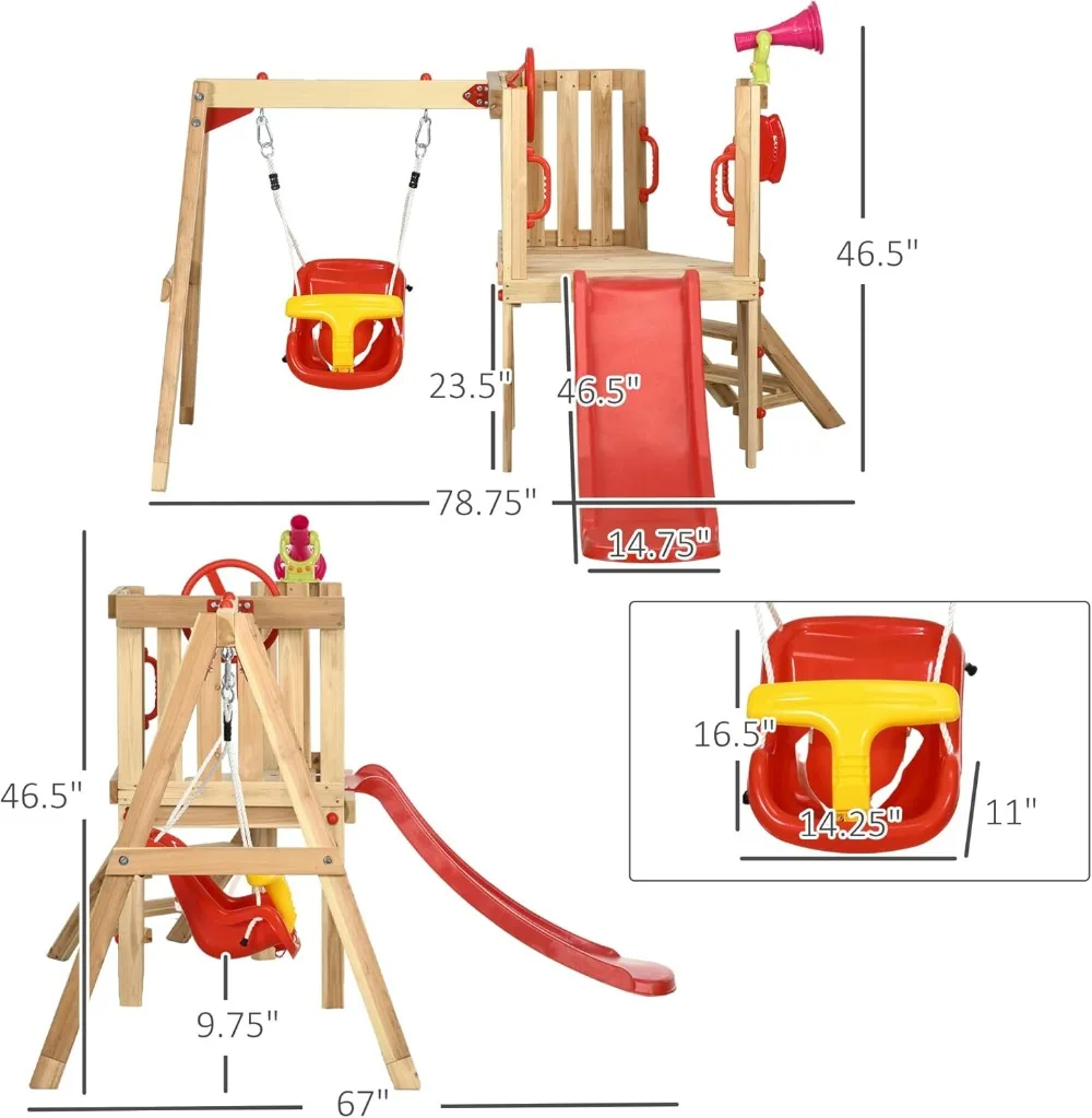 Set da gioco per altalena in legno 4 in 1 da esterno con sedile per altalena per bambini, scivolo per bambini, ruota del capitano, corno, parco giochi per bambini nel cortile