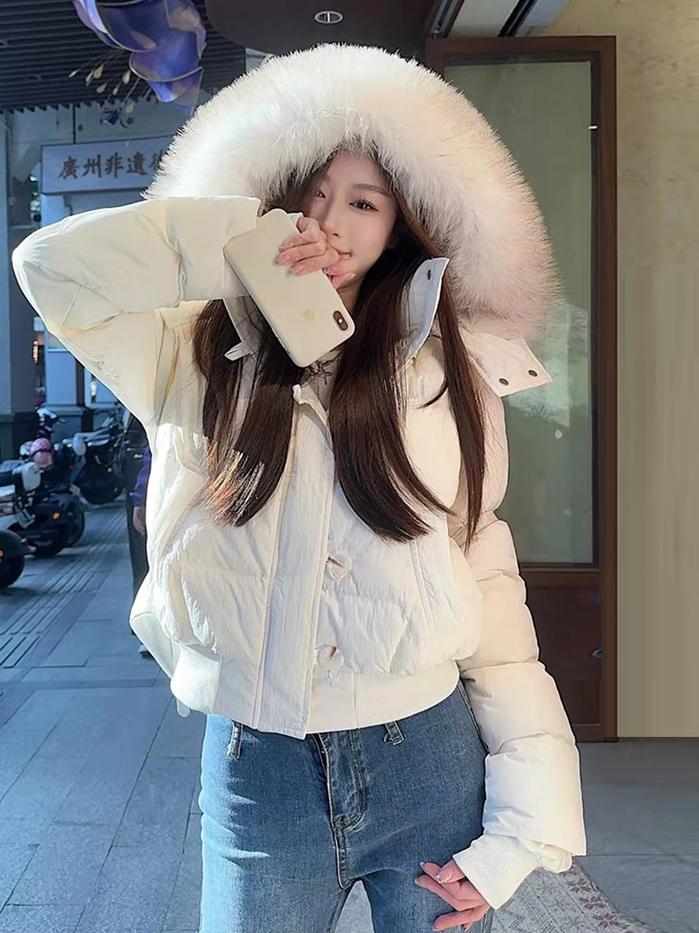 Or para mujer Puffer Jaet Invierno Slim Fit Cuello de piel blanca no caras Abrigo de algodón con capucha Ropa de abrigo Invierno Faion 2025 Nuevo A...