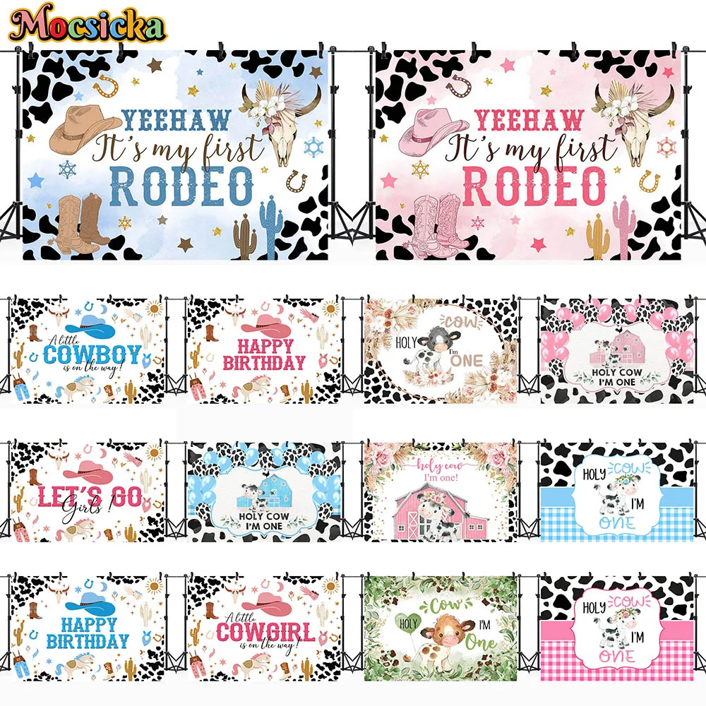 

Mocsicka My First Rodeo Baby 1st Birthday Backdrop Photography Cowgirl Baby Shower Photo Background Cow Cake Smash Party Decor