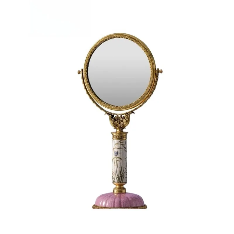 

French romantic light luxury dresser mirror, ceramic with copper seat mirror, bedroom countertop ornament
