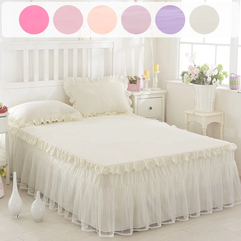 Luxury Solid Colot Ruffle Edge Lace Bed Skirt Transparent Gauze Bedspread Non-slip Mattress Cover Queen King Size Bedding Decor