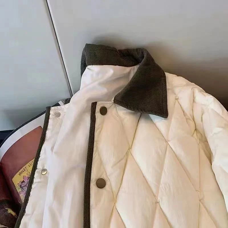 Abrigo de algodón Argyle coreano para mujer, chaqueta de retazos de un solo pecho, ropa de abrigo informal suelta de manga larga, moda de otoño e invierno