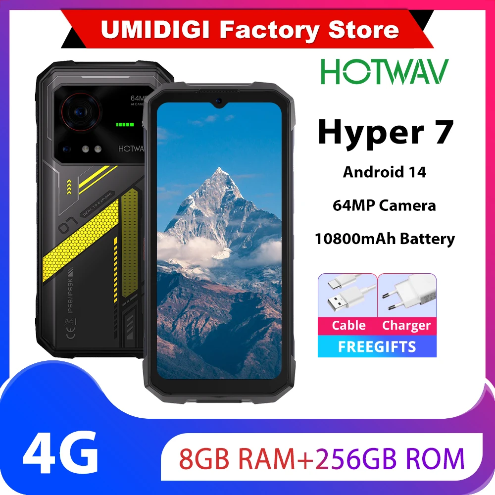 HOTWAV 하이퍼 7 러기드 폰 5G 10800mAh 33W 스마트폰 6.6인치 FHD+ 2K 디스플레이 8GB 256GB 휴대폰 280LM 안드로이드 14 모바일 폰