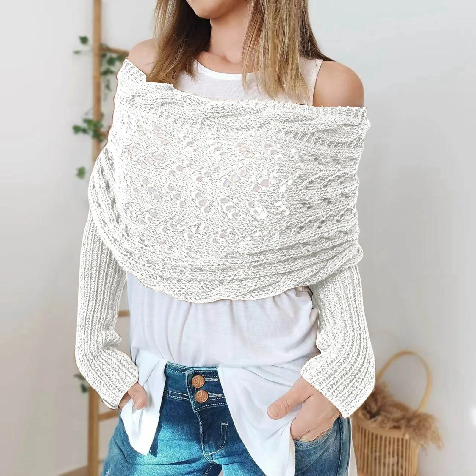 Autumn Winter Women's Knitted Shawl Scarf With Long Sleeve Outdoor Warm Soft Windproof Hollow Out Crop Top Shawl Scarf