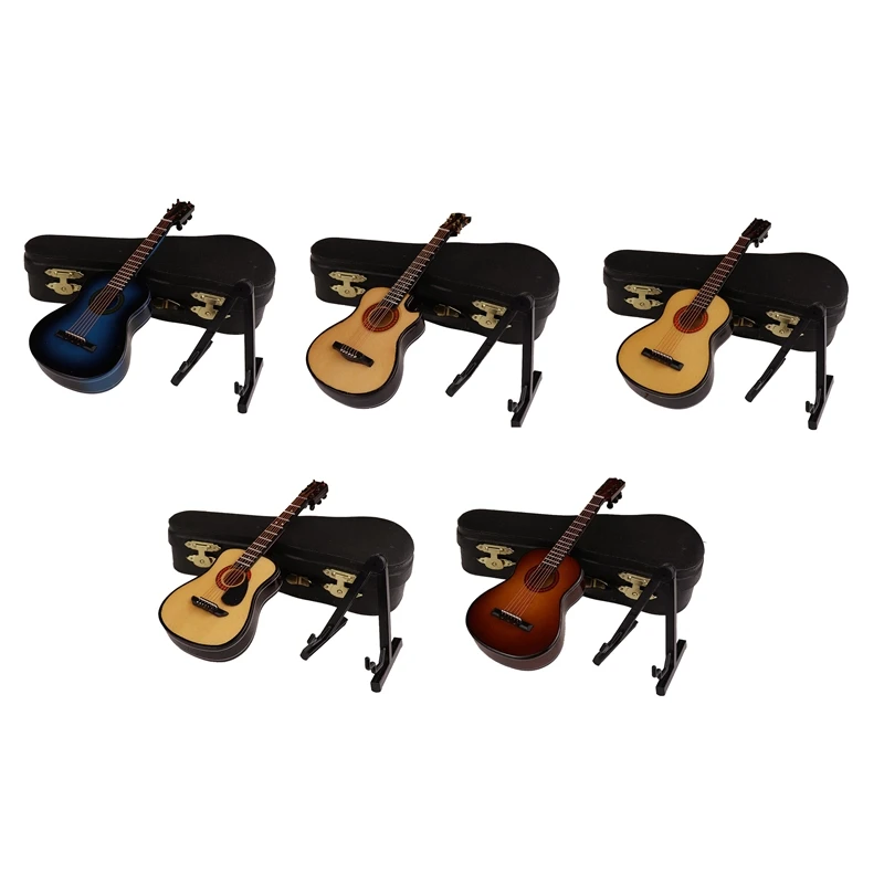 C-Wooden Miniature Guitar With Stand And Case Mini Musical Instrument Miniature Doll House Model Home Decoration Easy Install