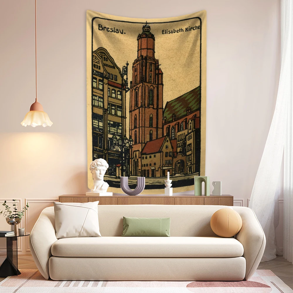 Vintage Postcard Tapestry German Building Printed Retro Room Decors Aesthetic Wall Hanging Dorm Backdrop Sofa Blanket