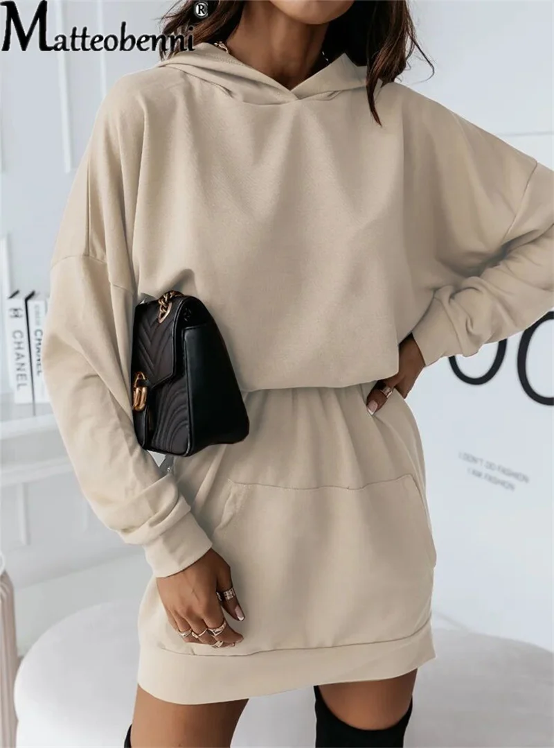 2022 Autumn Winter Women Hooded Casual Dress Fashion Shrink Waist Batwing Sleeve Splicing Kangaroo Bag A-line Skirt Office Basic