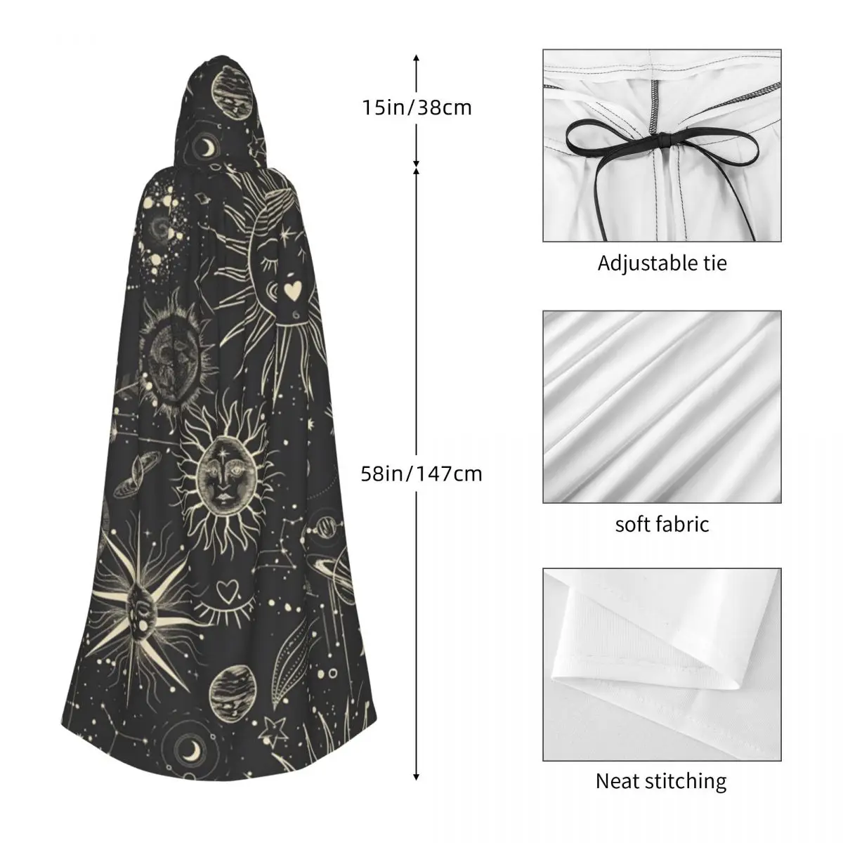السماوية الصوفي الباطنية ماجيك الشمس القمر طويل مقنعين عباءة الساحرة القرون الوسطى زي تأثيري كيب HalloweenParty الكبار للجنسين