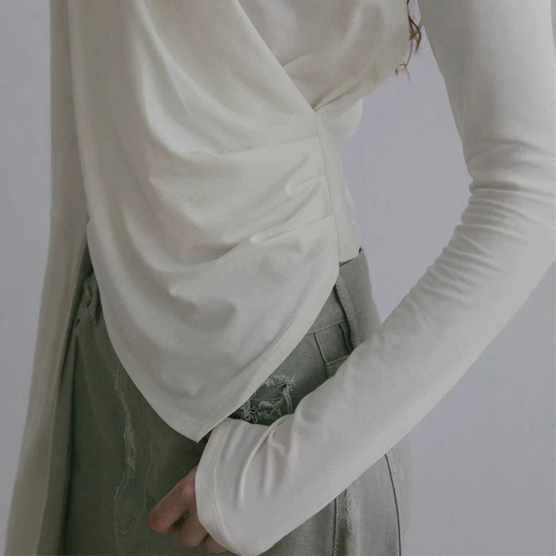 Women Japanese Style Vintage Twist V-Neck Long Sleeve Tee Slim Fit Base Layer Autumn Winter Inner Wear Shirts Top