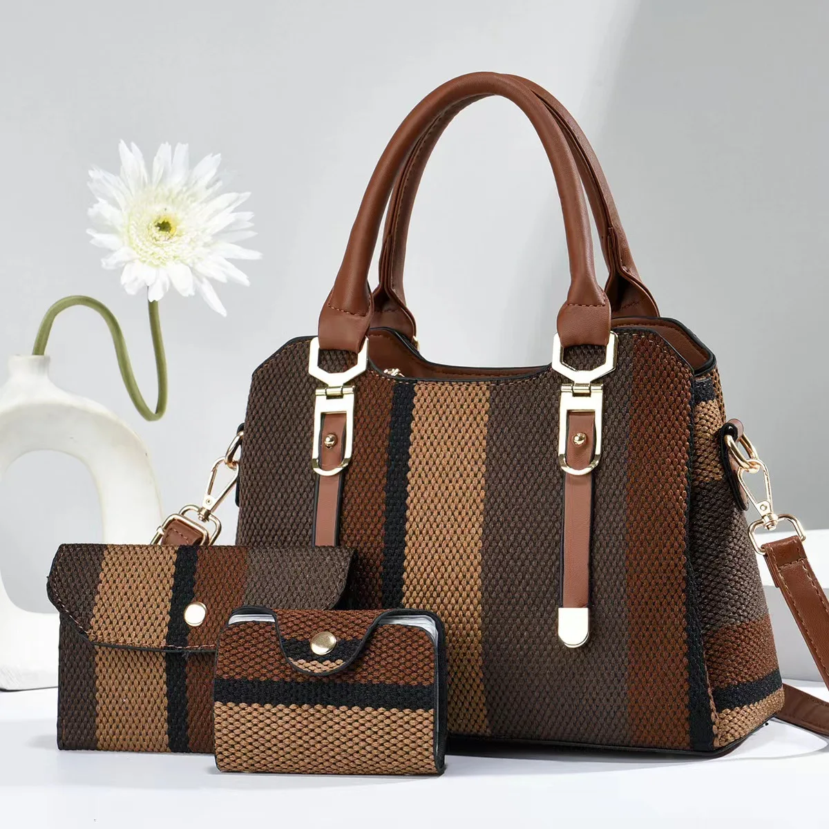 3 Piece Set Women's Bag 2025 Summer New Large Women's Handbag with Wallet Vertical Stripes Women's Shoulder Crossbody Bags