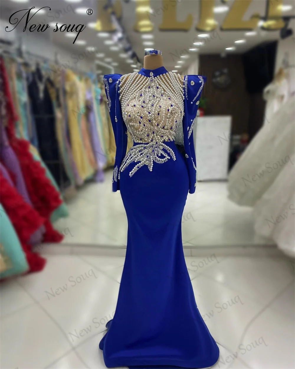 New Fashion Royal Blue Long Sleeves Party Dresses For Weddings Women Pearls Mermaid Evening Dress Birthday Engagement Gowns 2024