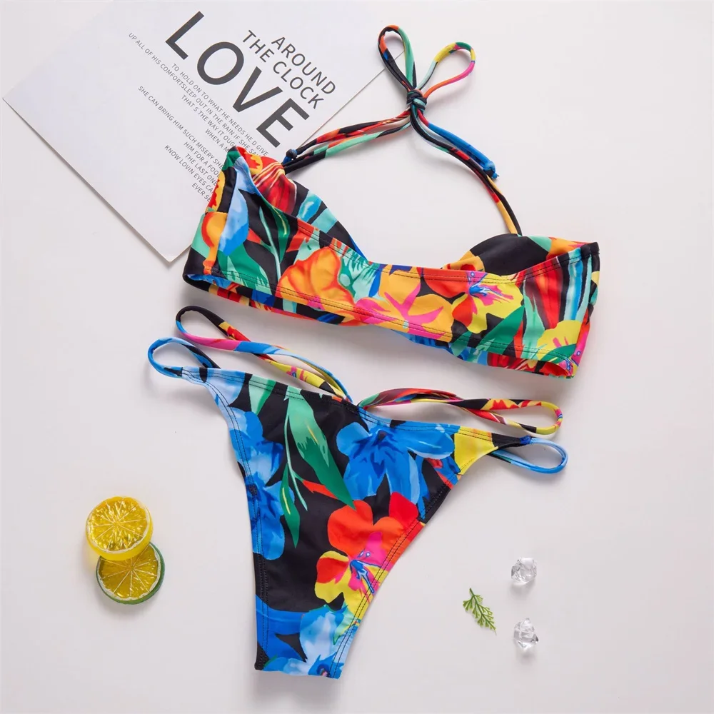 Floral Bikini Twist Swimsuit Halter String Micro Bikinis Push Up Swimwear Tangas Women Trend Bathing Suit Brazilian Beach Outfit