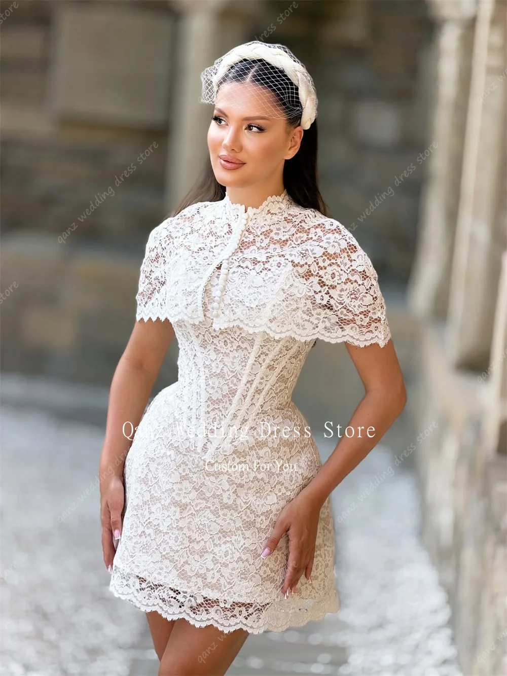 Qanz Sexy Mini Wedding Dress Lace Appliques With Jacket Strapless Vestidos De Novia Civil Above Knee Bridal Gowns Customized