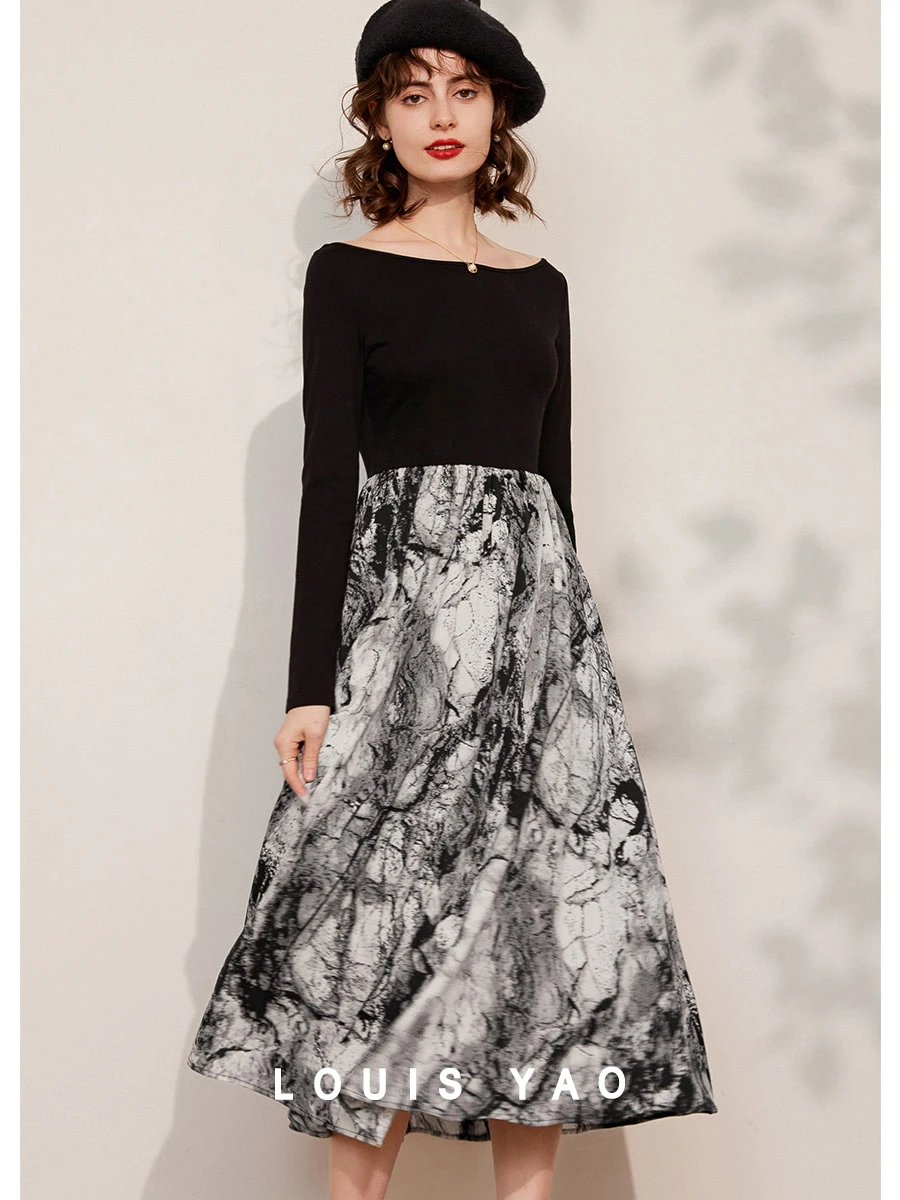 

LOUIS YAO Women Dress 2024 Spring Elegant Print A-line Slim Fit Boat Neck Long Sleeve Long Dress